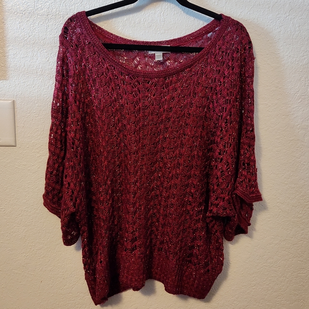 Dressbarn Red Burgundy & Gold Metallic Open Knit Sweater Size 22/24